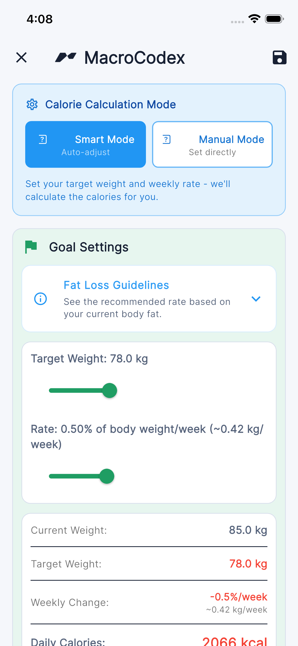 MacroCodex calorie calculation and goal setup screen