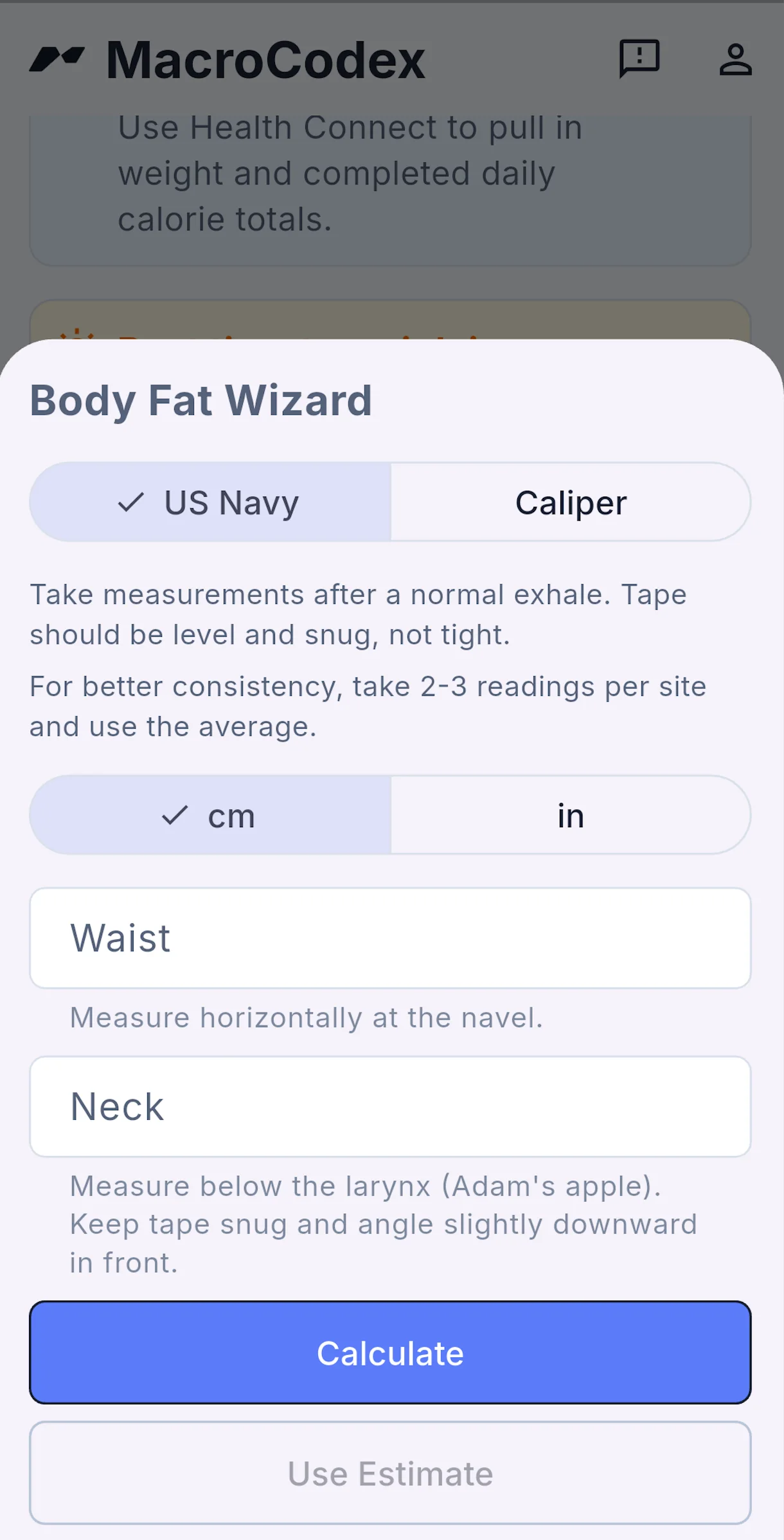 MacroCodex Body Fat Wizard with US Navy and caliper measurement options