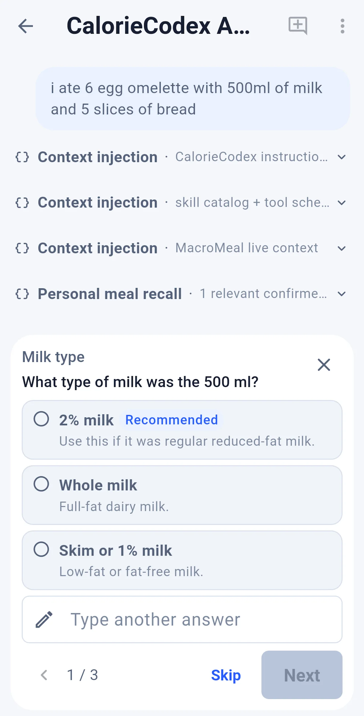 CalorieCodex conversational meal logging with a follow-up question about milk type