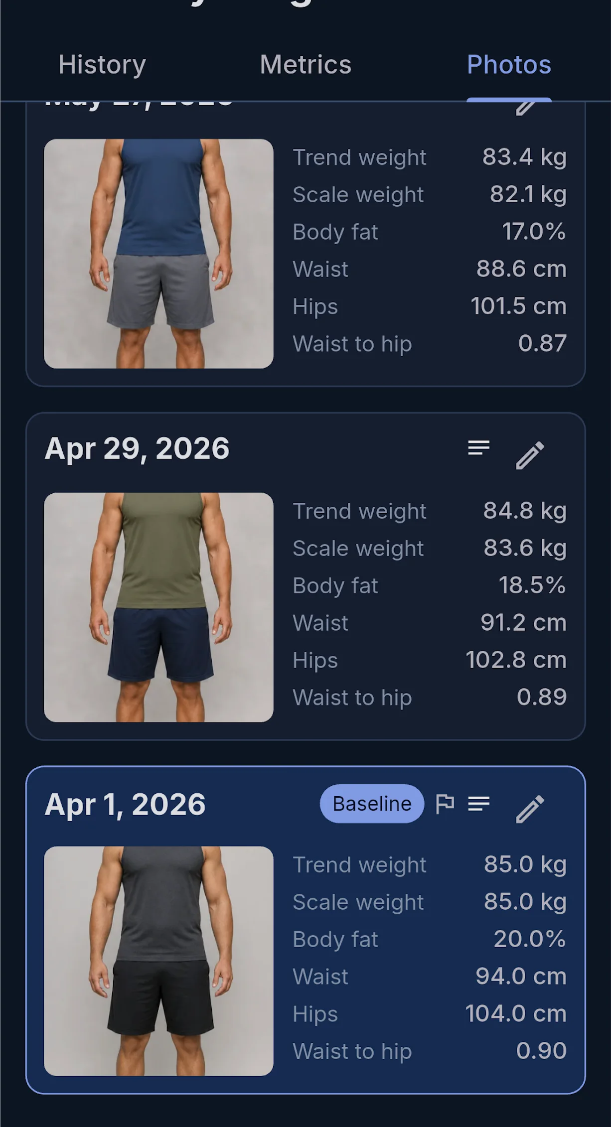 MacroCodex progress photo history with weight and body measurements