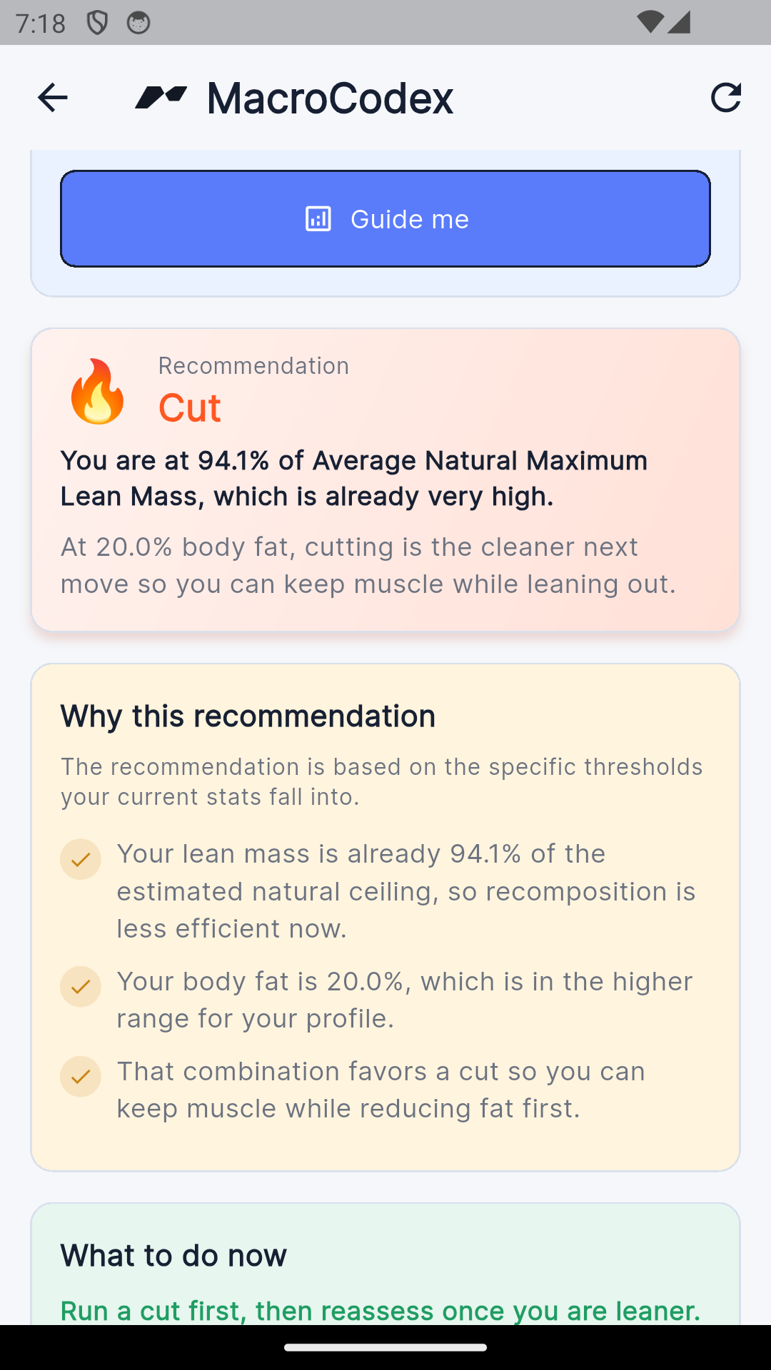 MacroCodex planner recommendation screen for cut, lean bulk, or recomposition