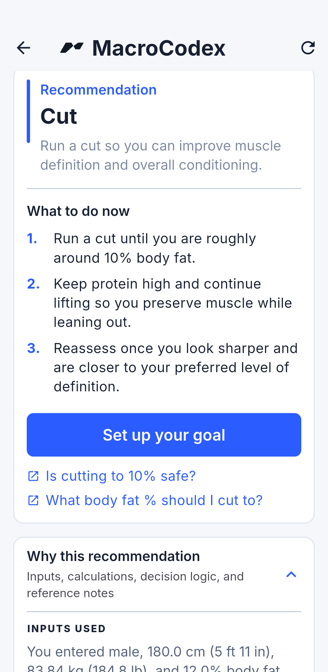 MacroCodex planner recommendation screen for cut, lean bulk, or recomposition