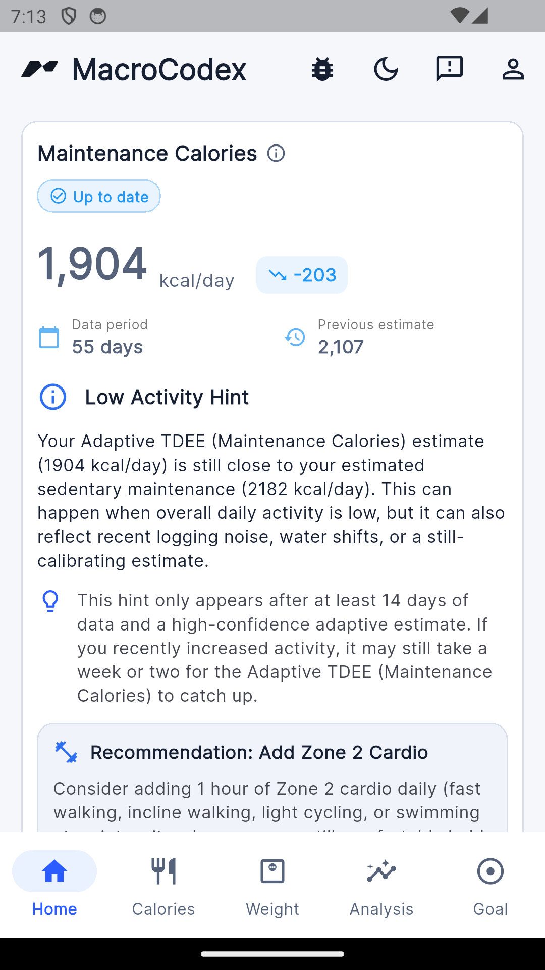 MacroCodex low activity hint and recommendation screen