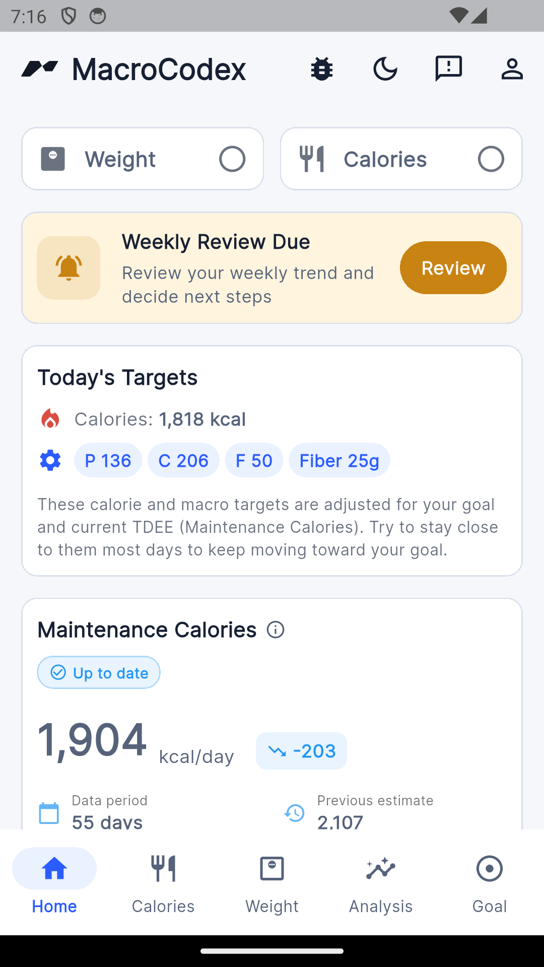 MacroCodex daily calorie and macro target screen
