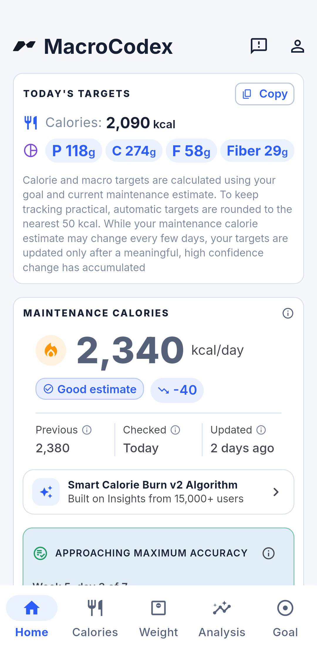 MacroCodex daily calorie and macro target screen