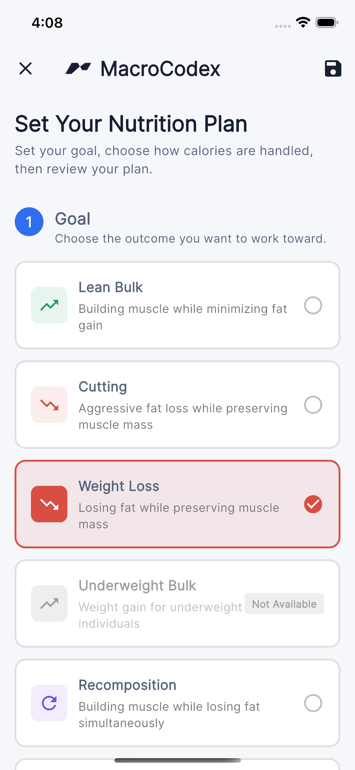 MacroCodex goal selection screen