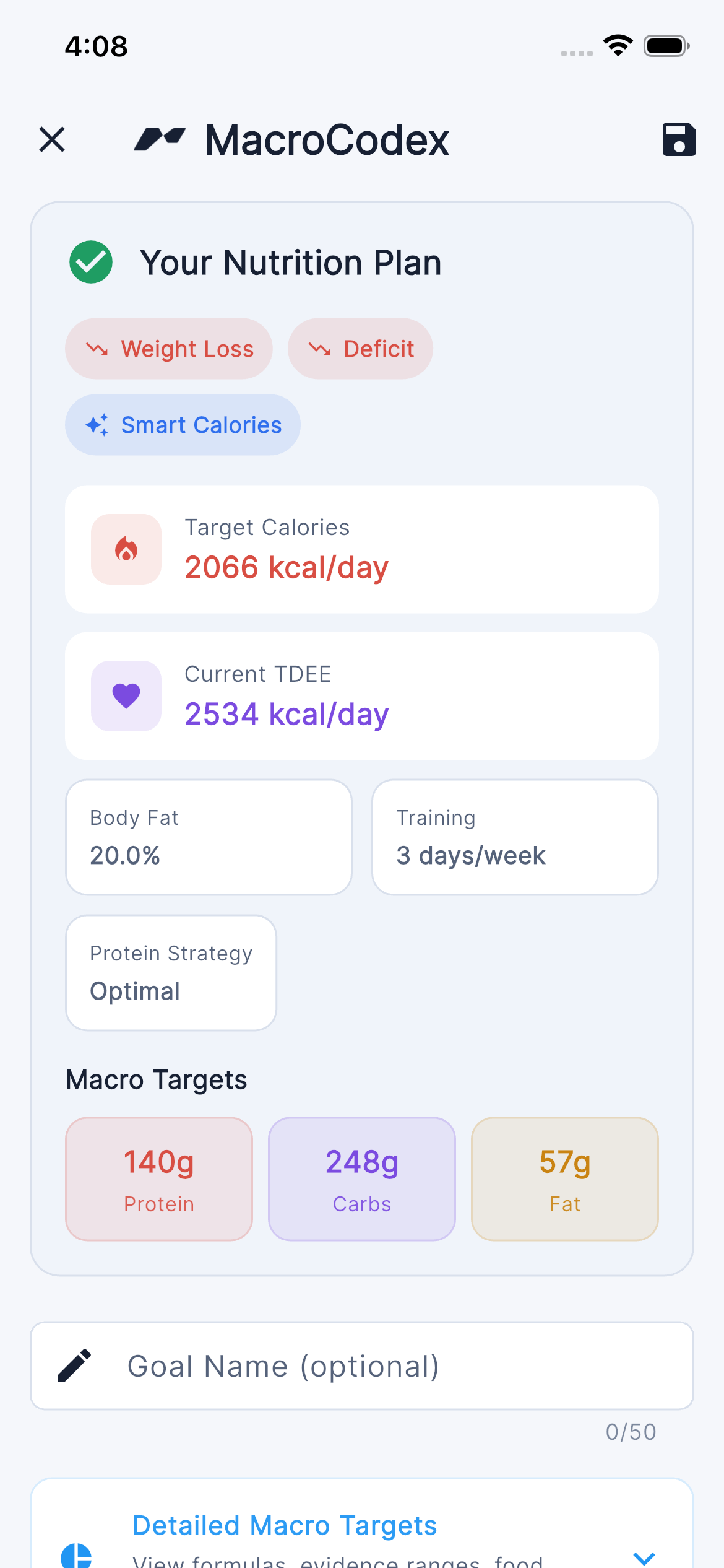 MacroCodex plan screen